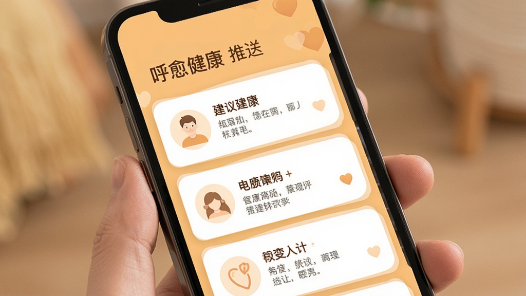 呼愈健康建议推送界面,手机屏幕显示卡片式建议列表,背景为温暖色调,风格亲切,画质清晰,干净,无多余元素