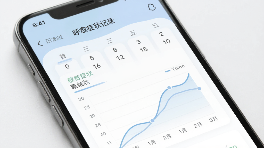 呼愈症状记录页面,手机屏幕显示日历和症状曲线图,配色柔和,风格简洁医疗,画质清晰,干净,无多余元素