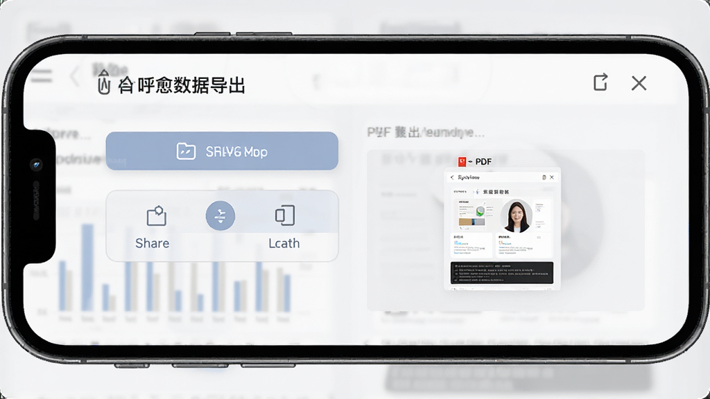 呼愈数据导出界面,手机屏幕显示分享选项和PDF预览,背景为浅灰色,风格商务简洁,画质清晰,干净,无多余元素