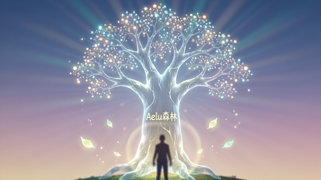 画面中央是一棵发光的半透明大树,树干上刻有“Aelu森林”的文字,树冠由无数细小的光点组成,树下站着一个模糊的人形剪影,周围漂浮着几片发光的叶子,布局采用中心辐射构图,风格为奇幻治愈系CG插画,细节包括光晕、粒子特效、柔和的渐变背景,画质高清,画面干净,无多余元素