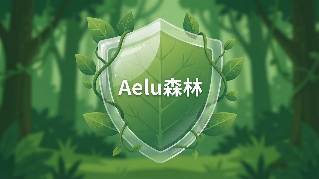 一个透明的盾牌图标悬浮在森林背景之上,盾牌中央写着“Aelu森林”,盾牌周围环绕着树叶与藤蔓,背景是模糊的绿色森林,布局采用居中对称构图,风格为扁平化安全主题插画,细节包括盾牌的光泽、叶脉纹理、柔和的绿色渐变,画质高清,画面干净,无多余元素