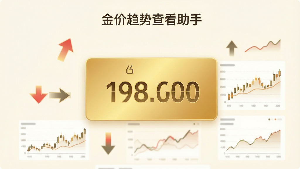 金价趋势查看助手应用主界面截图风格,手机屏幕中央显示醒目的金色数字行情面板,周围有涨跌箭头和简洁图表,背景为淡雅米白色,整体排版干净利落,画面中带有