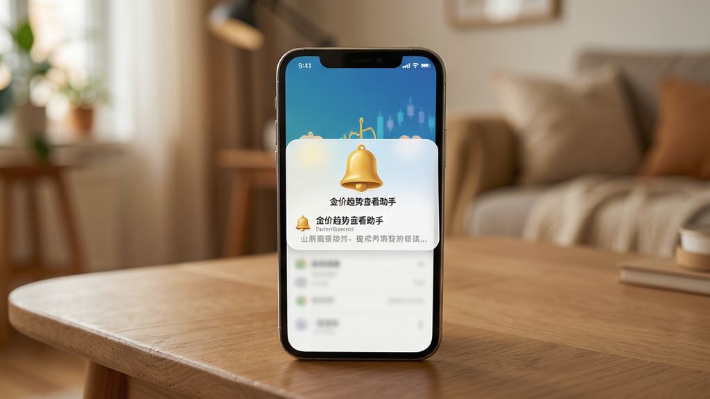 一部手机放置在木质桌面上,屏幕显示金价趋势查看助手应用的通知提醒界面,上方弹出金色铃铛图标和