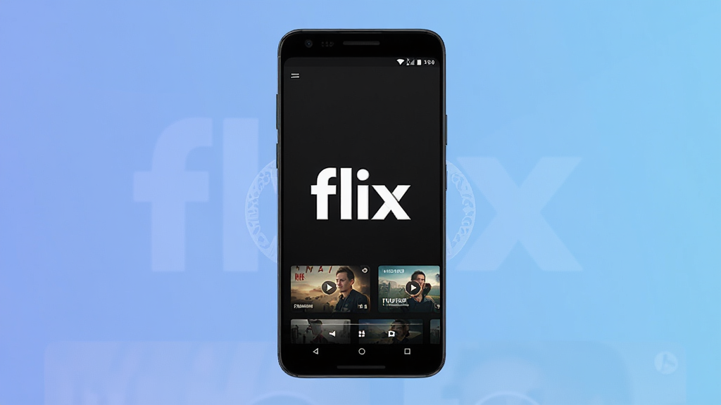 一个简洁现代的安卓手机界面,屏幕中央显示着“flix”标志性的深色播放器界面,视频缩略图呈网格状排列,背景为柔和的渐变蓝色,画面干净整洁,UI元素清晰,高画质,无多余元素