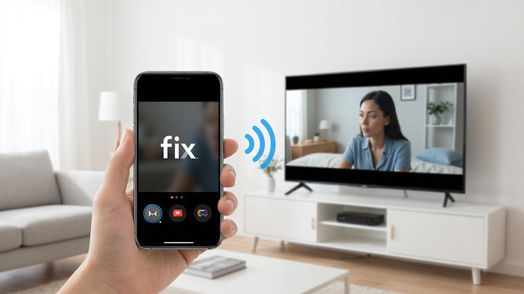 手机与电视之间通过无线信号连接,手机屏幕上显示“flix”投屏界面,电视屏幕显示同样的视频画面,背景为客厅环境,简洁明亮,高画质,干净,无多余元素