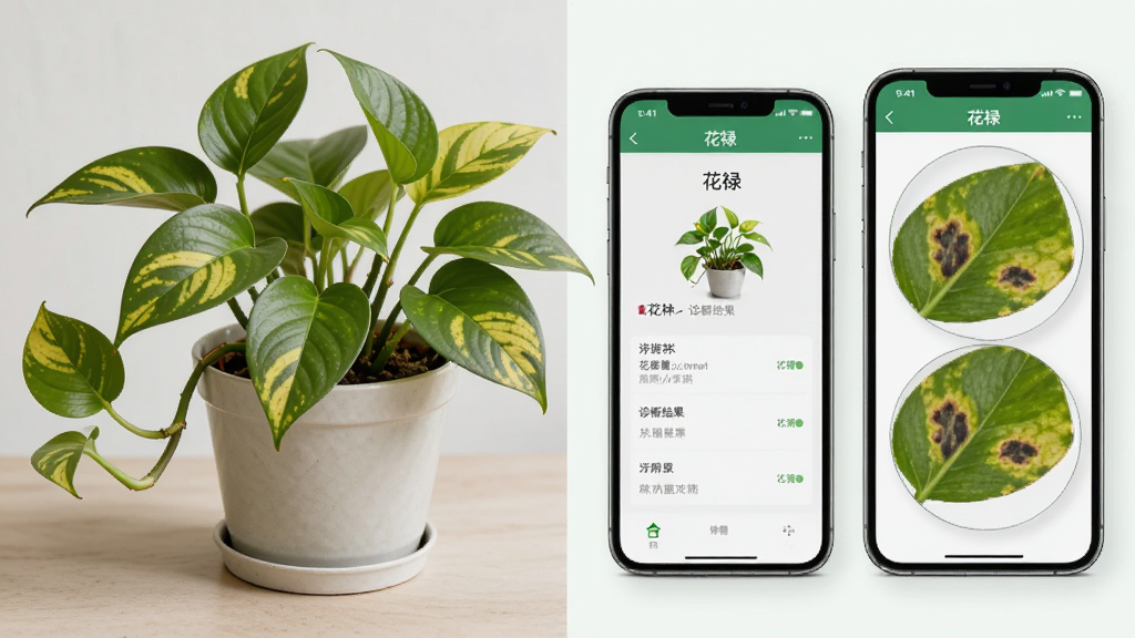 画面中央是一盆叶片发黄的绿萝,旁边放置着手机,手机屏幕上显示着“花禄”软件的诊断结果页面,画面中有放大的叶片细节对比图。布局采用左右对比排版,左边是实体植物,右边是手机界面。风格为医疗诊断风格的图表化设计,细节上强调叶片的病理特征。画质高清,干净,无多余元素。