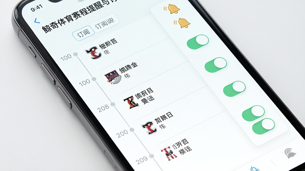 鲸奇体育赛程提醒与订阅管理界面,主体为手机屏幕内显示赛事日历与订阅开关列表,布局上采用时间轴纵向排列,排版清晰分区,风格为清爽浅色系,细节包括球队图标、铃铛提醒图标、日期标签,画质高清干净无多余元素