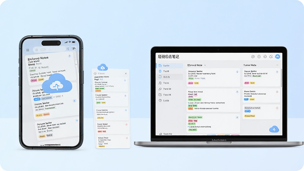 一张展示轻羽云笔记软件整体界面的图片,画面中央是一部智能手机和一台笔记本电脑并排摆放,屏幕上都显示着轻羽云笔记的清爽笔记列表界面,背景是淡蓝色渐变,布局简洁对称,风格为现代扁平化科技风,细节包括笔记卡片、彩色标签和同步云朵图标,画质高清,干净,无多余元素。