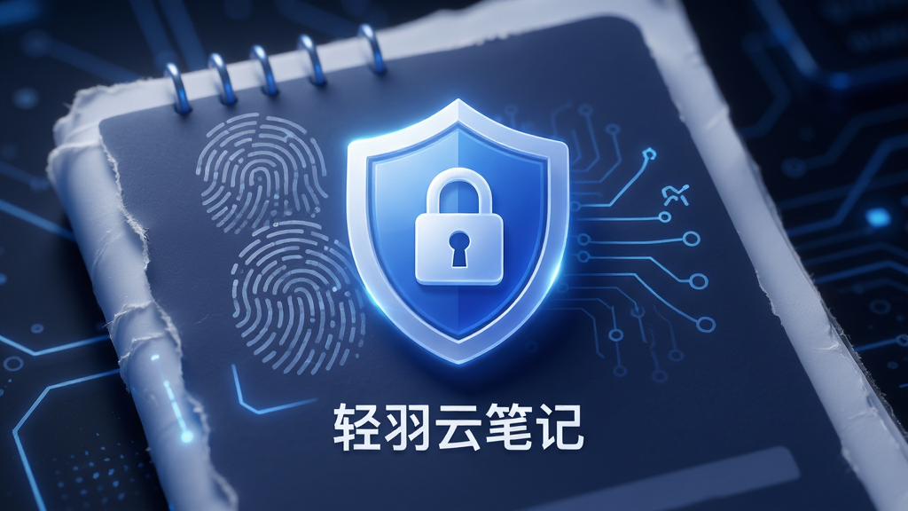 轻羽云笔记隐私安全功能概念图,画面中央是一个带有盾牌和锁图标的笔记文档,布局为居中特写,风格为安全科技风,细节包括指纹识别图案和“轻羽云笔记”文字标识,画质高清,干净,无多余元素。