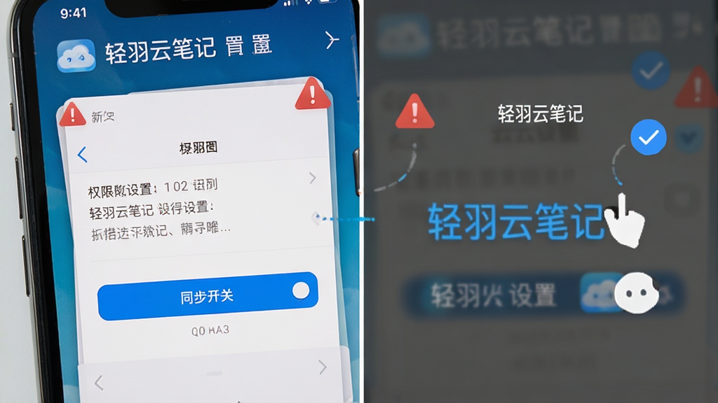 轻羽云笔记新手操作示意图,画面为手机屏幕特写,屏幕上显示安装权限设置界面和同步开关按钮,布局为上下分栏,风格为教程图解风,细节包括红色警示标识、蓝色对勾图标和“轻羽云笔记”文字,画质高清,干净,无多余元素。