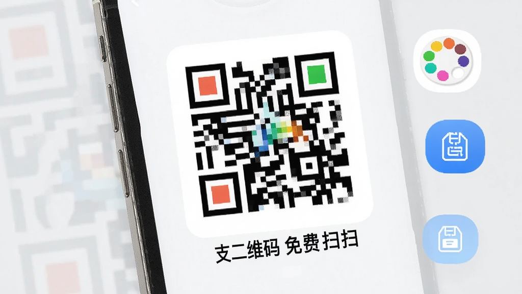 一张手机屏幕显示二维码生成界面的产品图,屏幕内有一个彩色二维码和“支二维码免费扫扫”文字,旁边有调色盘和保存按钮图标,背景为浅灰色,风格清新简约,画质干净无杂物