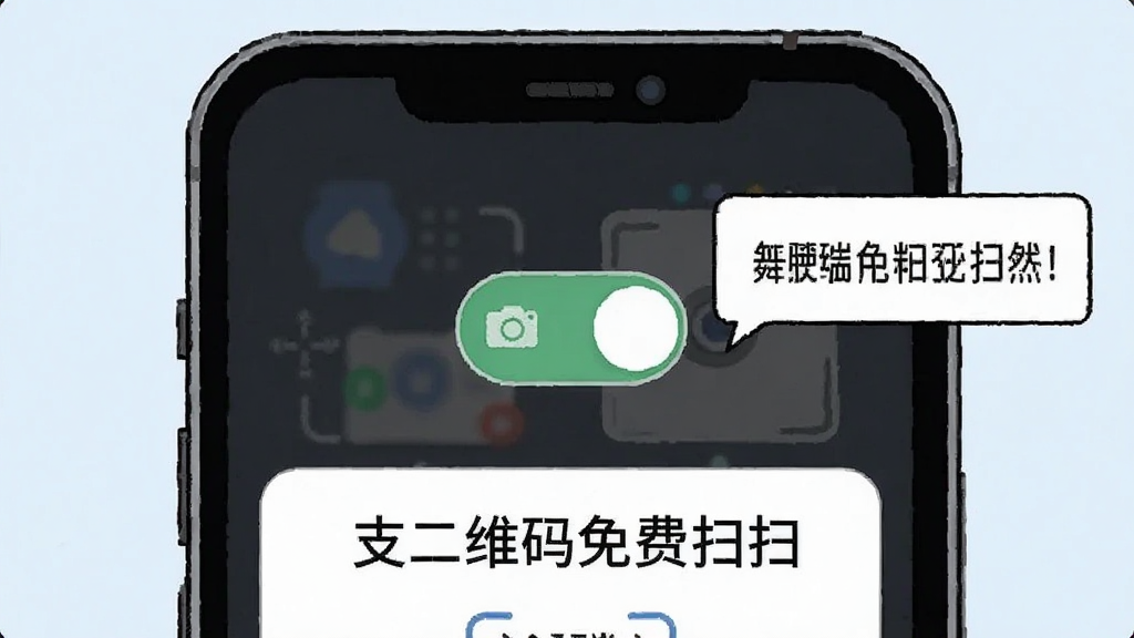 一张手机屏幕显示权限设置界面的截图风格插画,画面中有相机权限开关和“支二维码免费扫扫”文字,旁边有提示气泡,风格简洁明了,画质清晰,无多余元素