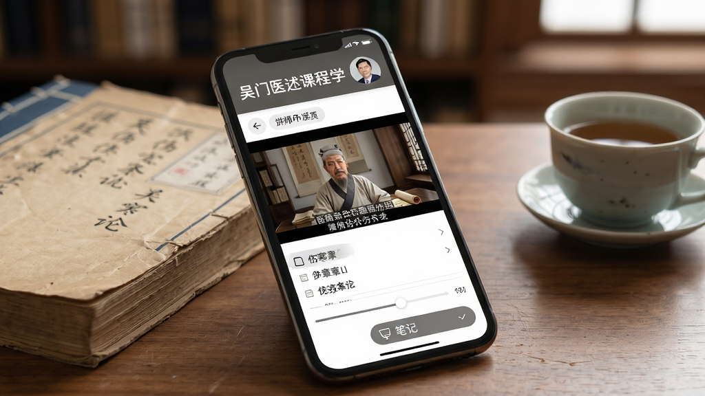 吴门医述课程学习界面,画面主体为手机屏幕显示伤寒论条文讲解视频,屏幕上方有课程标题与讲师头像,下方有进度条与笔记按钮,背景为书房场景,布局上手机斜放于木质桌面,旁边有纸质医书与茶杯,风格为写实生活风,细节包括视频窗口、字幕、章节列表,画质清晰、干净、无多余元素