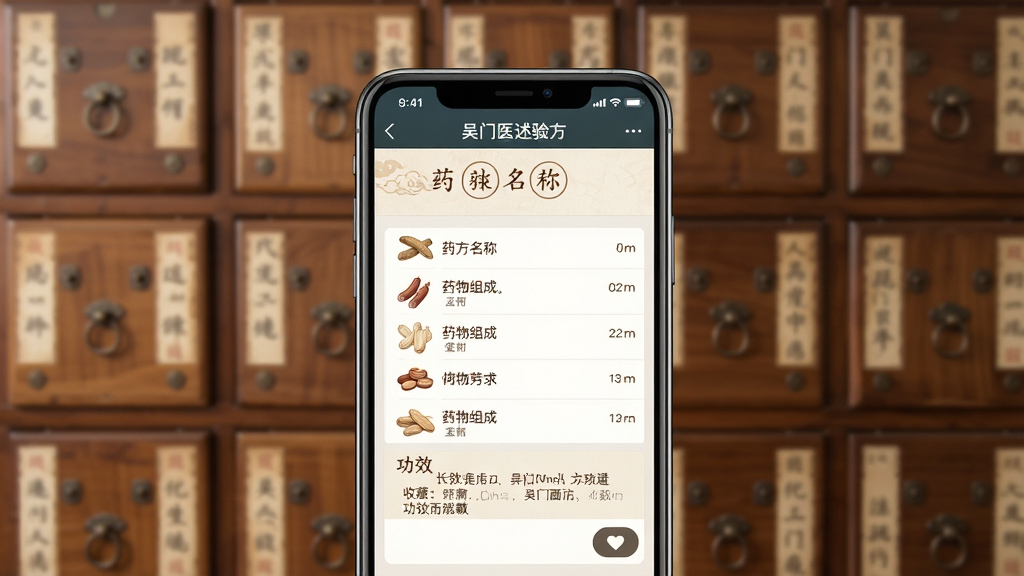 吴门医述验方查询界面,画面中央为手机屏幕展示方剂详情页,包含药方名称、药物组成列表与功效说明,背景为中药房百子柜,布局上手机屏幕居中、药柜虚化衬托,风格为专业中医风,细节包括药材图标、剂量标注、收藏按钮,画质清晰、干净、无多余元素