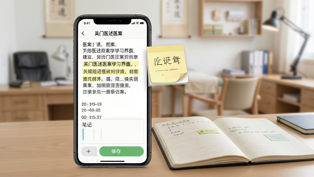 吴门医述医案学习界面,画面主体为手机屏幕显示医案文本与笔记输入框,屏幕旁有悬浮的笔记便签图标,背景为诊室场景,布局上手机与笔记本并排,风格为简洁学习风,细节包括高亮条文、笔记时间戳、保存按钮,画质清晰、干净、无多余元素