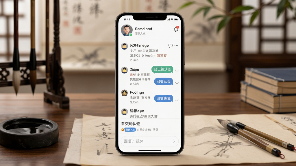 吴门医述社区交流界面,画面中央为手机屏幕显示问答帖子列表与回复框,屏幕上方有用户头像与消息提醒,背景为中式书房,布局上手机置于书案中央、周围有笔墨纸砚,风格为文雅国风,细节包括点赞图标、回复气泡、讲师认证标识,画质清晰、干净、无多余元素