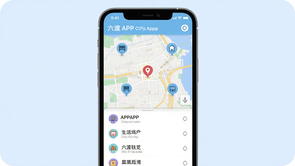 一张展示六渡APP周边查询功能的界面图,手机屏幕显示地图上分布着多个生活服务图标,下方有列表展示距离和名称,背景为淡蓝色,风格清爽,画质清晰,干净无多余元素