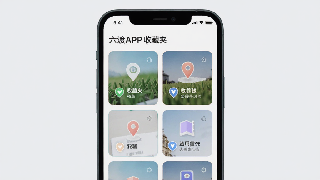 一张展示六渡APP收藏夹功能的界面图,手机屏幕显示多个收藏地点卡片,每个卡片有图标和名称,布局整齐,背景为浅灰色,风格简约清新,画质清晰,干净无多余元素