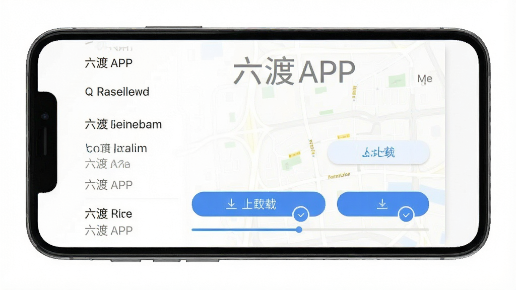 一张展示六渡APP离线地图设置界面的手机截图,屏幕显示城市列表和下载按钮,有进度条示意,背景为白色,风格简洁,画质清晰,干净无多余元素