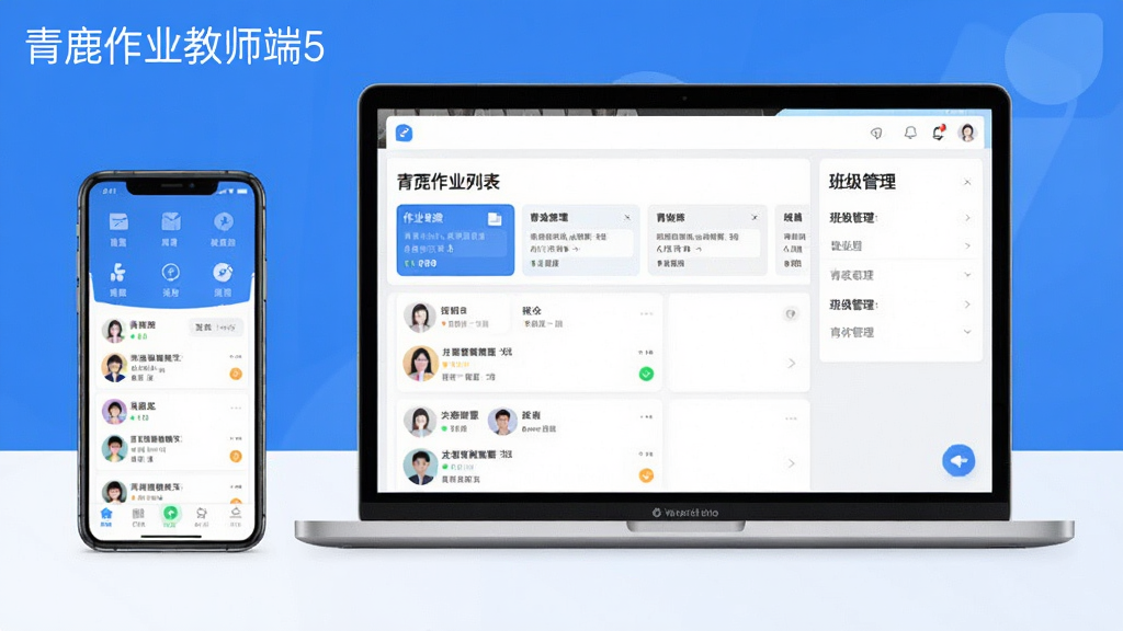 青鹿作业教师端5软件主界面展示,主体为一台打开的手机与一台打开的笔记本电脑并排摆放,布局居中对称,排版清晰展示软件首页作业列表与班级管理模块,风格为现代简约教育科技风,细节包含蓝色主色调图标、清晰的作业卡片、班级头像、底部导航栏,画质高清干净无多余元素,图片中文字标注“青鹿作业教师端5”