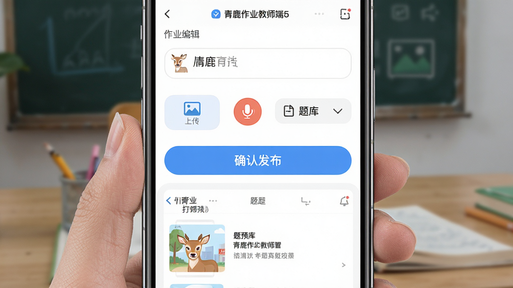 青鹿作业教师端5智能作业布置功能界面,主体为手机屏幕特写,布局为上下结构上方显示作业编辑区下方显示题目预览,排版整齐清晰,风格为清新教育类APP界面,细节包含文字输入框、图片上传按钮、语音录制图标、题库选择入口、蓝色确认发布按钮,画质高清干净无多余元素,图片中文字标注“青鹿作业教师端5”