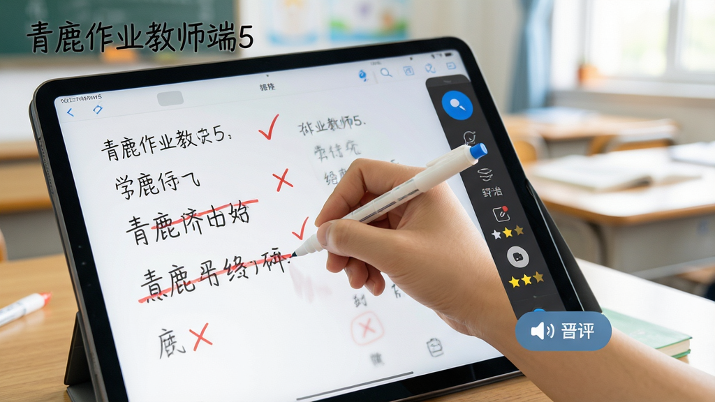 青鹿作业教师端5一键批改功能展示,主体为手写笔在平板电脑屏幕上批改作业的画面,布局为左侧显示学生答案右侧显示批改工具栏,排版直观,风格为明亮教学场景,细节包含红色批改笔迹、对勾与叉号标记、语音点评按钮、等级评分星级,画质高清干净无多余元素,图片中文字标注“青鹿作业教师端5”