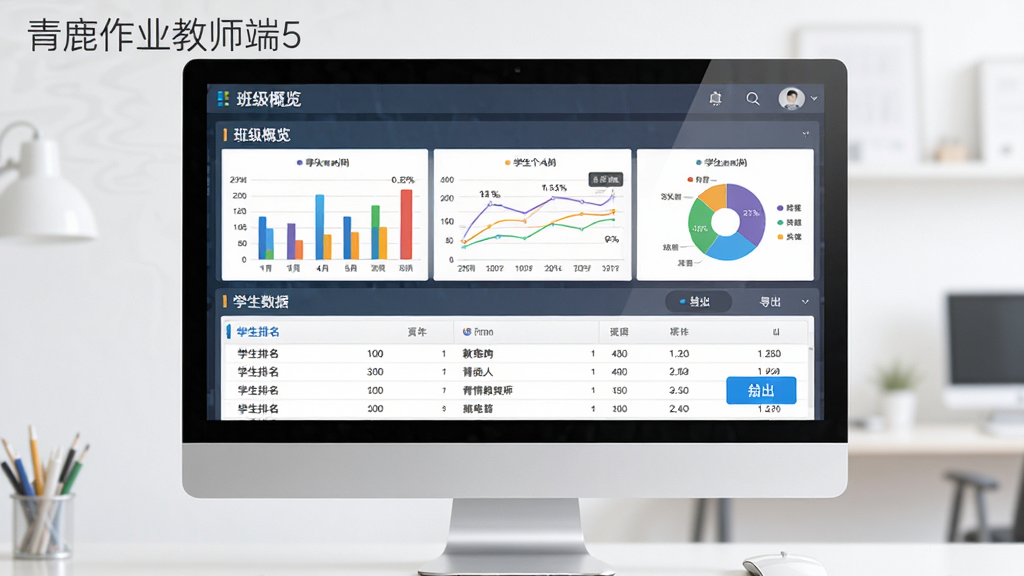 青鹿作业教师端5学情数据统计界面,主体为电脑屏幕显示彩色数据图表,布局为上方班级概览下方学生个人数据列表,排版清晰专业,风格为商务教育数据分析风,细节包含柱状图、折线图、饼图、学生排名列表、导出按钮,画质高清干净无多余元素,图片中文字标注“青鹿作业教师端5”