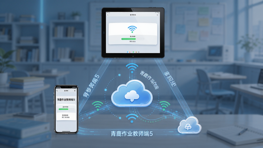 青鹿作业教师端5多端同步功能示意,主体为手机平板电脑三台设备环绕排列,布局为三角形构图中心显示云端同步图标,排版均衡,风格为科技感教育场景,细节包含设备屏幕上的同步进度条、云端图标、WiFi信号标识、数据流动线条,画质高清干净无多余元素,图片中文字标注“青鹿作业教师端5”