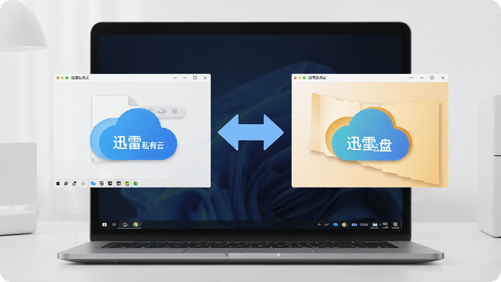 一台笔记本电脑屏幕同时显示迅雷私有云和迅雷云盘两个窗口,中间用双向箭头连接,象征文件互传,桌面整洁,风格商务简约,画质清晰,干净无多余元素