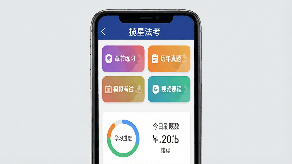 手机屏幕中央展示“揽星法考”应用主界面,上方为深蓝色标题栏写着“揽星法考”,中间排列着章节练习、历年真题、模拟考试、视频课程四个彩色功能卡片,下方显示学习进度环形图与今日刷题数量,背景为整洁的浅灰色,整体为扁平化移动应用UI风格,画质清晰,干净无多余元素