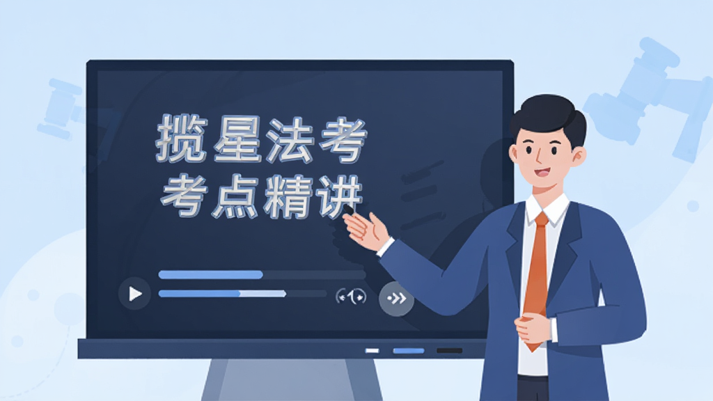 一位讲师站在电子白板前讲解法律知识点,白板上写着“揽星法考 考点精讲”字样,下方有播放进度条和倍速按钮图标,背景为淡蓝色渐变,扁平化在线教育插画风格,画面干净整洁,无多余元素