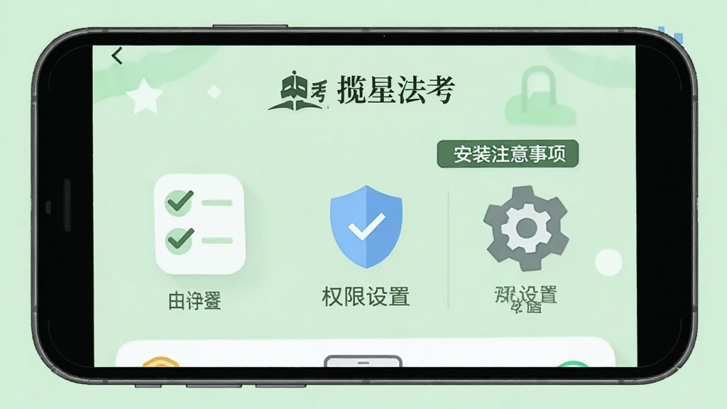 手机屏幕显示“揽星法考”新手引导页面,页面上有勾选清单图标、盾牌安全图标和齿轮设置图标,旁边有“安装注意事项”和“权限设置”文字标签,背景为浅绿色,扁平化信息图风格,画质清晰,无多余元素