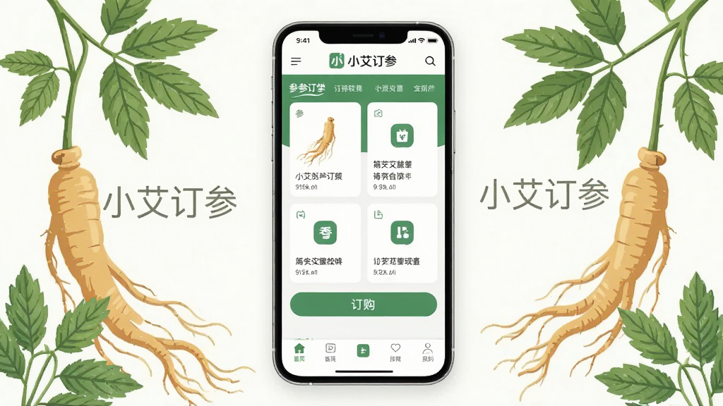 画面主体是一部智能手机,屏幕上展示小艾订参软件的主界面,界面包含参类产品展示与订购入口,布局简洁清晰,排版采用上下结构顶部为品牌标识中部为功能卡片底部为导航栏,风格为现代简约扁平化设计,细节上手机周围环绕淡雅的人参插画与绿色植物元素,画质高清干净无多余元素,图片中打文字“小艾订参”