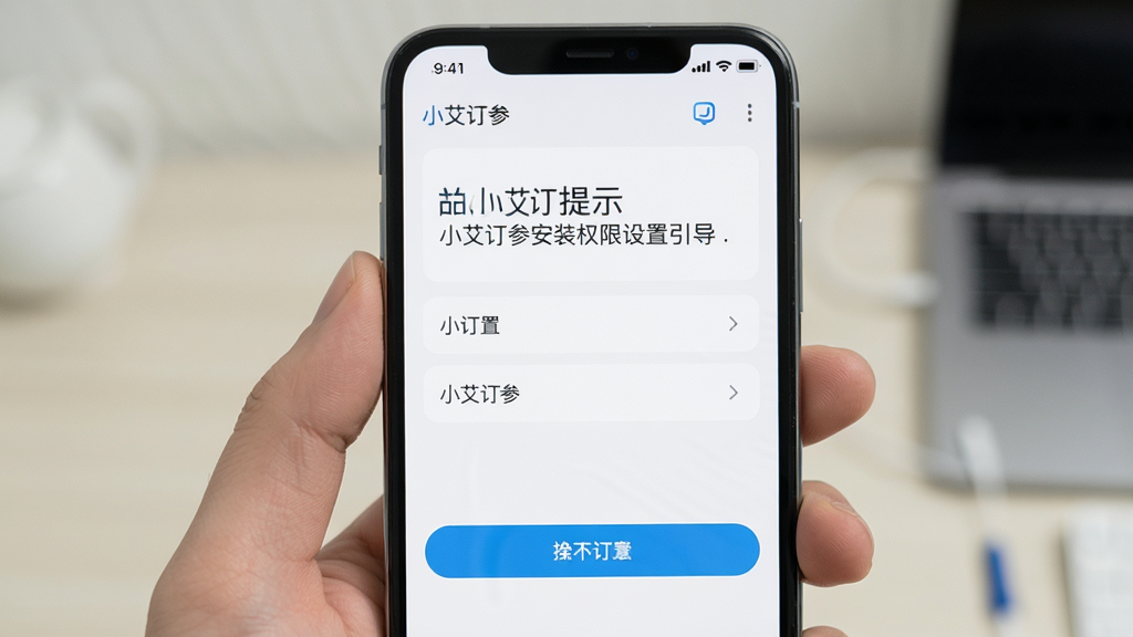 画面主体是手机屏幕展示小艾订参的安装权限设置引导页面,布局为上下结构上方为提示文字下方为操作按钮,排版简洁明了,风格为扁平化设计,细节上页面带有手机系统设置界面的典型元素,画质高清干净无多余元素,图片中打文字“小艾订参”