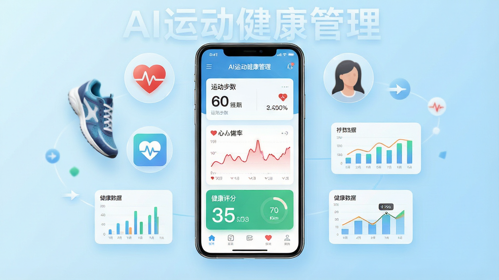 一张展示AI运动健康管理软件核心全貌的图片,画面中央是一部智能手机,屏幕显示AI运动健康管理应用界面,包含运动步数、心率曲线、健康评分等数据面板,手机周围环绕着运动鞋、心率图标、健康数据图表等元素,背景为清爽的浅蓝色渐变,布局居中对称,风格现代简约科技感,细节丰富清晰,画质高清,干净无多余元素,图片中文字为“AI运动健康管理”