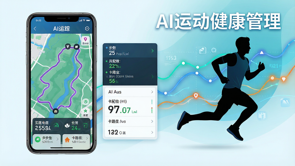 一张展示AI运动健康管理智能追踪功能的图片,画面主体是手机屏幕显示运动轨迹地图与实时数据面板,旁边有跑步人物剪影和动态数据线条,布局为左中右三分结构,风格动感活力,细节包含步数、配速、卡路里等数据标签,画质高清,干净无多余元素,图片中文字为“AI运动健康管理”