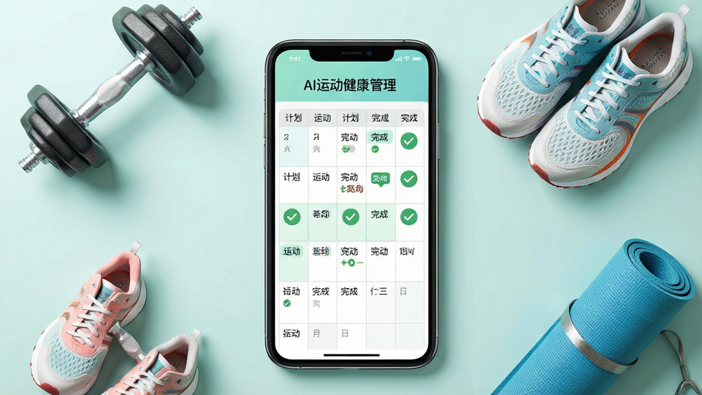 一张展示AI运动健康管理运动计划推荐功能的图片,画面中央是手机屏幕显示一周运动计划日历表,周围环绕着哑铃、跑步鞋、瑜伽垫等运动元素,布局为环绕式构图,风格清新健康,细节包含计划标签与完成打勾图标,画质高清,干净无多余元素,图片中文字为“AI运动健康管理”