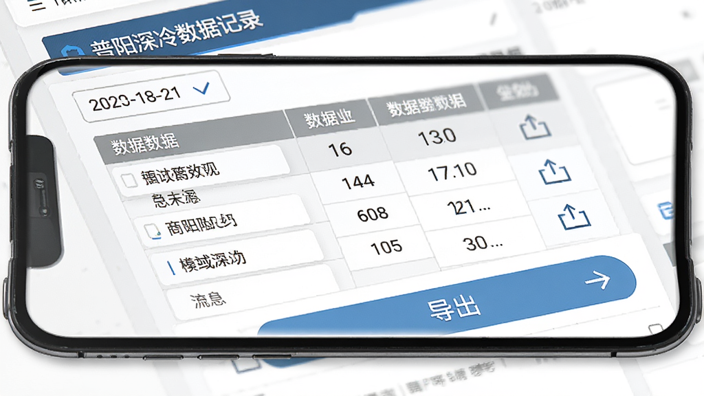 普阳深冷数据记录界面,主体为手机屏幕展示数据列表与导出按钮,布局为上下结构,排版规整,风格为简约商务,细节包含日期筛选器、数据表格、导出图标,画质高清,干净,无多余元素