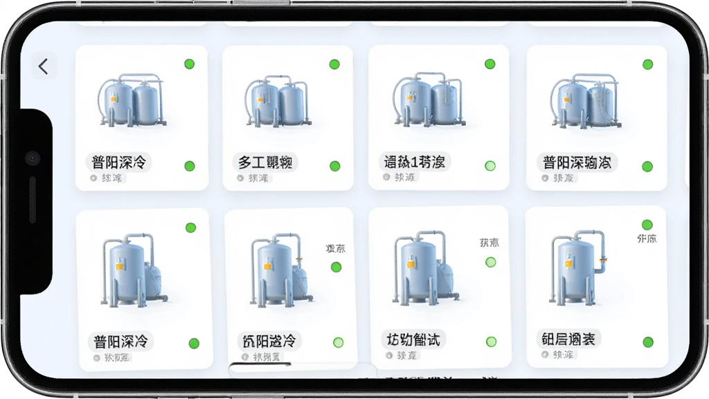 普阳深冷多设备管理界面,主体为手机屏幕展示设备卡片列表,布局为网格排列,排版整齐,风格为清新浅色,细节包含多个储罐图标、设备名称标签、状态指示灯,画质高清,干净,无多余元素