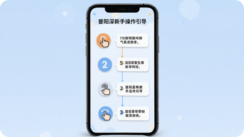 普阳深冷新手操作引导页面,主体为手机屏幕展示分步教程,布局为纵向步骤条,排版清晰,风格为友好亲和,细节包含手指点击图标、步骤序号、文字说明框,画质高清,干净,无多余元素
