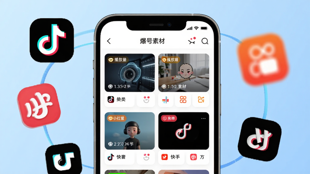�����زĹ��ܽ���չʾ�������������ֻ���Ļ��ʾ�����ز�APP���ز��б�ҳ�棬ÿ���زĿ�Ƭ���в�������ǩ�ͷ���ͼ�꣬��Χ�����Ŵ������������֡�С�����ƽ̨�ĳ���ͼ�꣬������ǳ��ɫ���䣬���Ƽ���ʮ�㣬���ʸ��壬�ɾ��޶���Ԫ�أ�������������ʾ�������زġ�
