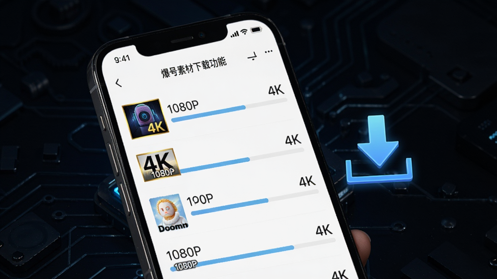 �����ز����ع���չʾ���������ֻ���Ļ��ʾ�����ز�APP�����ع���ҳ�棬��Ļ����ʾ����ز����ؽ�������ÿ���زĴ��зֱ��ʱ�ǩ�硰1080P����4K�����ֻ��Ա������ؼ�ͷͼ�꣬��������ɫ�Ƽ���񣬻����������ɾ��޶���Ԫ��