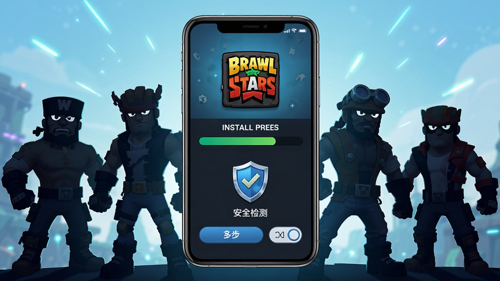 一张展示Brawl Stars安装器核心功能的宣传图,画面中央放置一个带有Supercell风格图标的手机界面,屏幕上显示Brawl Stars安装器主页面,背景是荒野乱斗经典角色剪影,布局采用居中构图,风格为现代科技感与游戏氛围结合,细节包含安装进度条、安全检测盾牌图标、多语言切换按钮,画质高清,干净,无多余元素