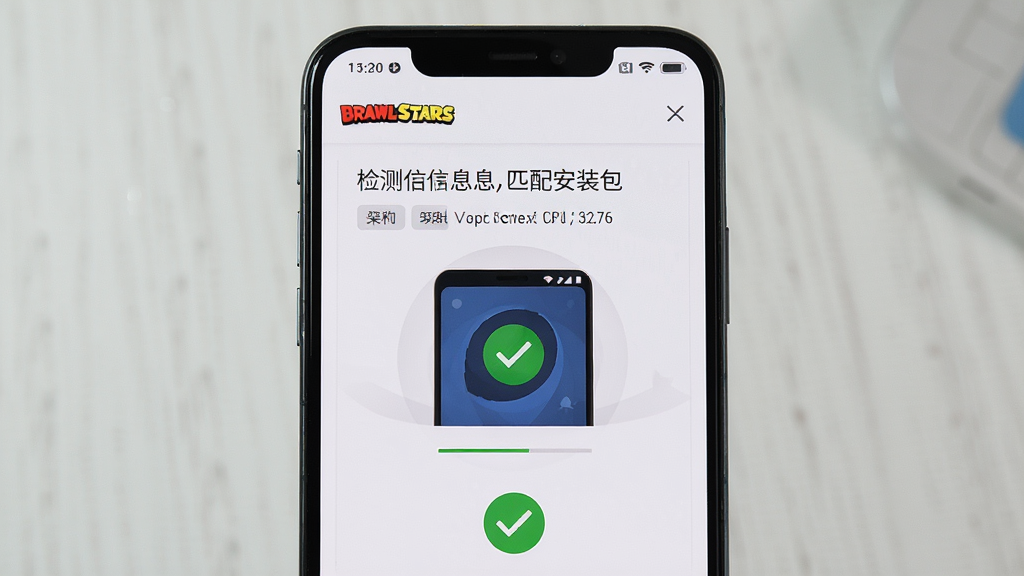 一张展示Brawl Stars安装器智能安装界面的图片,画面主体是一部安卓手机,屏幕上显示检测设备信息与匹配安装包的进度动画,布局为手机居中特写,风格简洁科技风,细节包括品牌logo识别、系统版本号、CPU架构标签、绿色对勾确认图标,画质清晰,干净,无多余元素