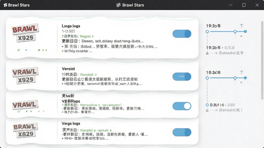 一张Brawl Stars安装器版本管理界面的图片,画面展示多个版本卡片纵向排列,布局为列表式布局,风格为清新卡片风,细节包含版本号标签、更新日志摘要、切换按钮、历史记录时间轴,画质清晰,干净,无多余元素