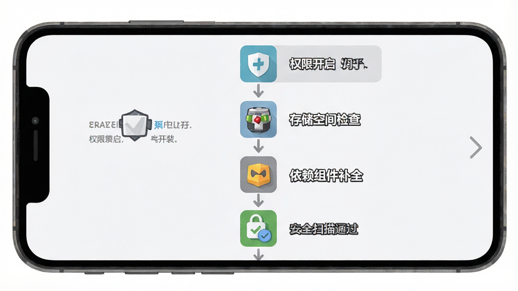一张Brawl Stars安装器新手操作指引图,画面展示手机屏幕上的安装步骤流程图,布局为纵向步骤条,风格为扁平化教程风格,细节包含权限开启提示、存储空间检查、依赖组件补全、安全扫描通过等图标,画质清晰,干净,无多余元素