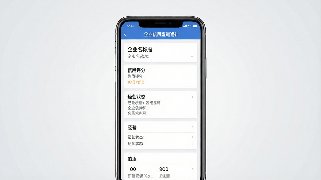 一张展示企业信用查询通软件界面的手机应用截图,主体为手机屏幕中显示企业信用报告查询结果页面,布局采用居中展示手机正视图,屏幕内包含企业名称、信用评分、经营状态等模块,排版清晰整洁,风格为现代商务简约风,细节上手机边缘有轻微反光,背景为干净的浅灰色渐变,画质高清,干净,无多余元素