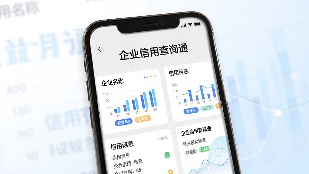 一部智能手机屏幕中展示企业信用查询通的企业信用报告详情页,主体为手机界面特写,布局为屏幕居中,排版上方为企业名称标题下方为信用信息卡片列表,风格为简洁商务科技感,细节包含蓝色调的数据图表和状态标签,背景为干净的白色到浅蓝渐变,画质高清,干净,无多余元素,图片中文字显示“企业信用查询通”
