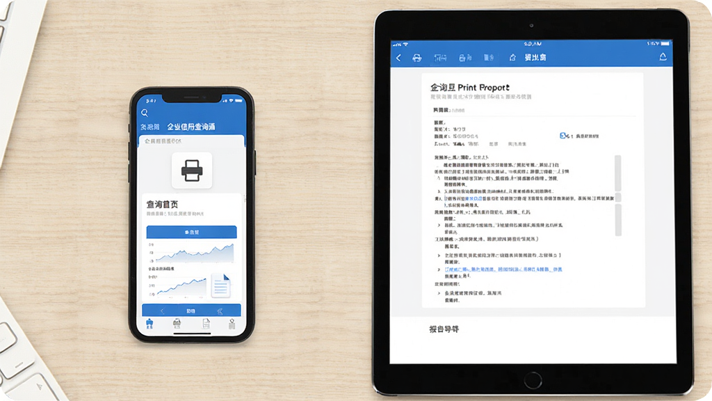 一部手机和一台平板电脑并排展示企业信用查询通应用,主体为两台设备屏幕中显示企业信用报告打印预览界面,布局为左右并列设备展示,排版左侧手机展示查询首页右侧平板展示报告导出页面,风格为现代办公商务风,细节包含打印图标和文档图标,背景为干净的浅色木纹桌面,画质高清,干净,无多余元素