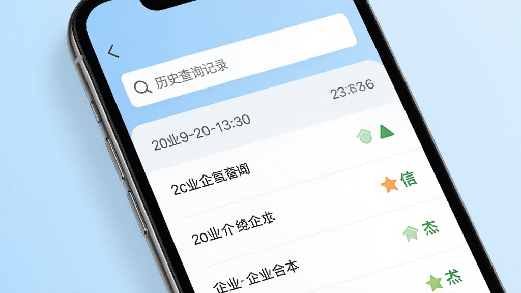 一部智能手机屏幕中展示企业信用查询通的历史查询记录页面,主体为手机界面特写,布局为屏幕居中,排版上方为搜索框下方为按时间排列的企业名称列表,风格为清新简约移动端设计,细节包含时间标签和信用状态小图标,背景为干净的浅蓝色渐变,画质高清,干净,无多余元素